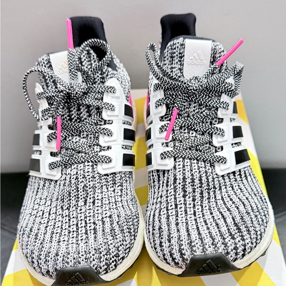 adidas Black & White Knit Sneakers with Pink Lace Tips